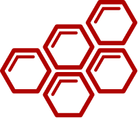 Abstract arrangement of six red hexagons connected in a honeycomb pattern.