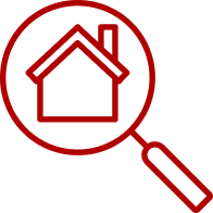 Red magnifying glass focusing on a house icon inside a circle.