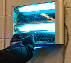 Person wearing gloves cleaning a commercial electric insect fly light mounted on a wall.