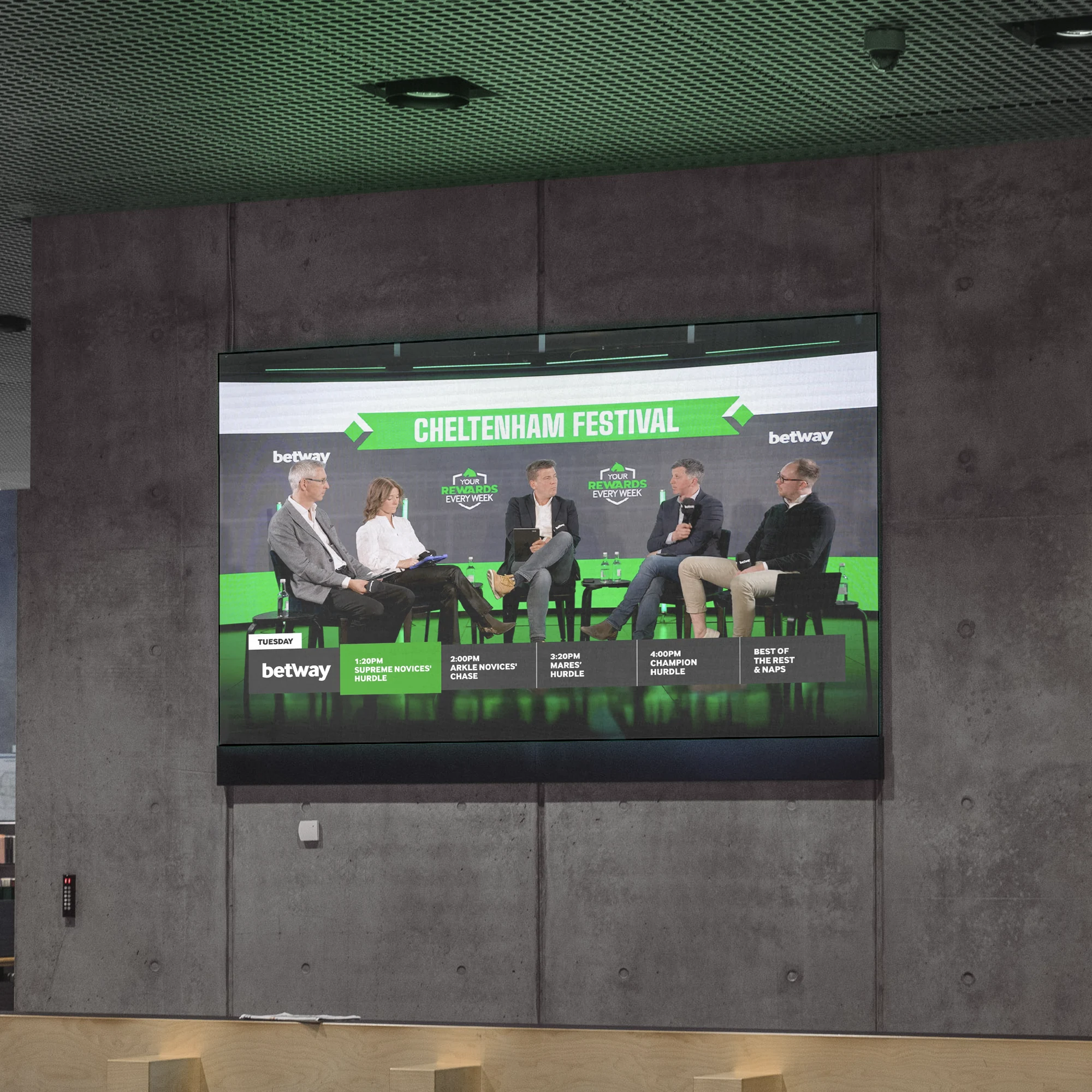 A TV showing Betway's Your Rewards Every Week branded horse racing livestream.
