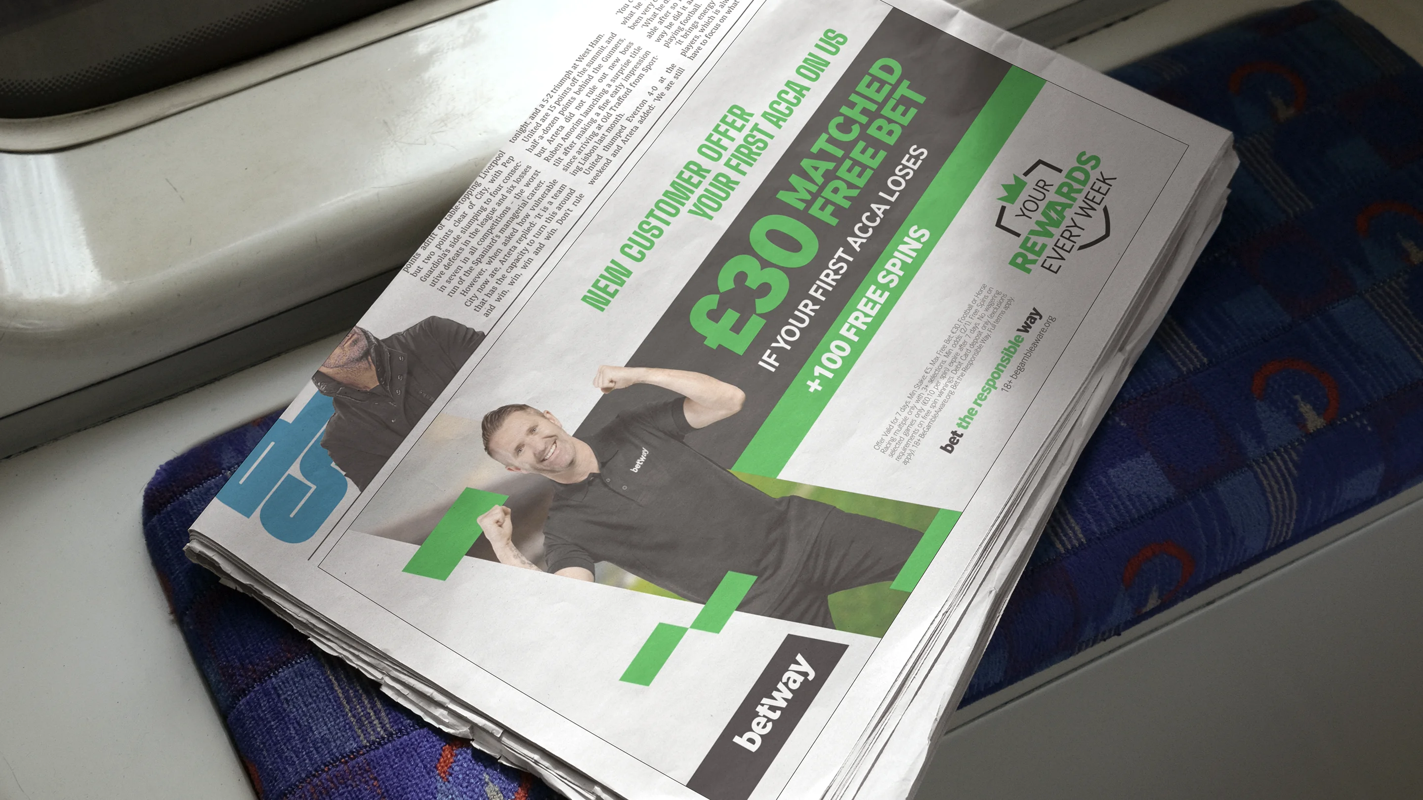 The back of a newspaper showing a You Rewards Every Week advert, from Betway.
