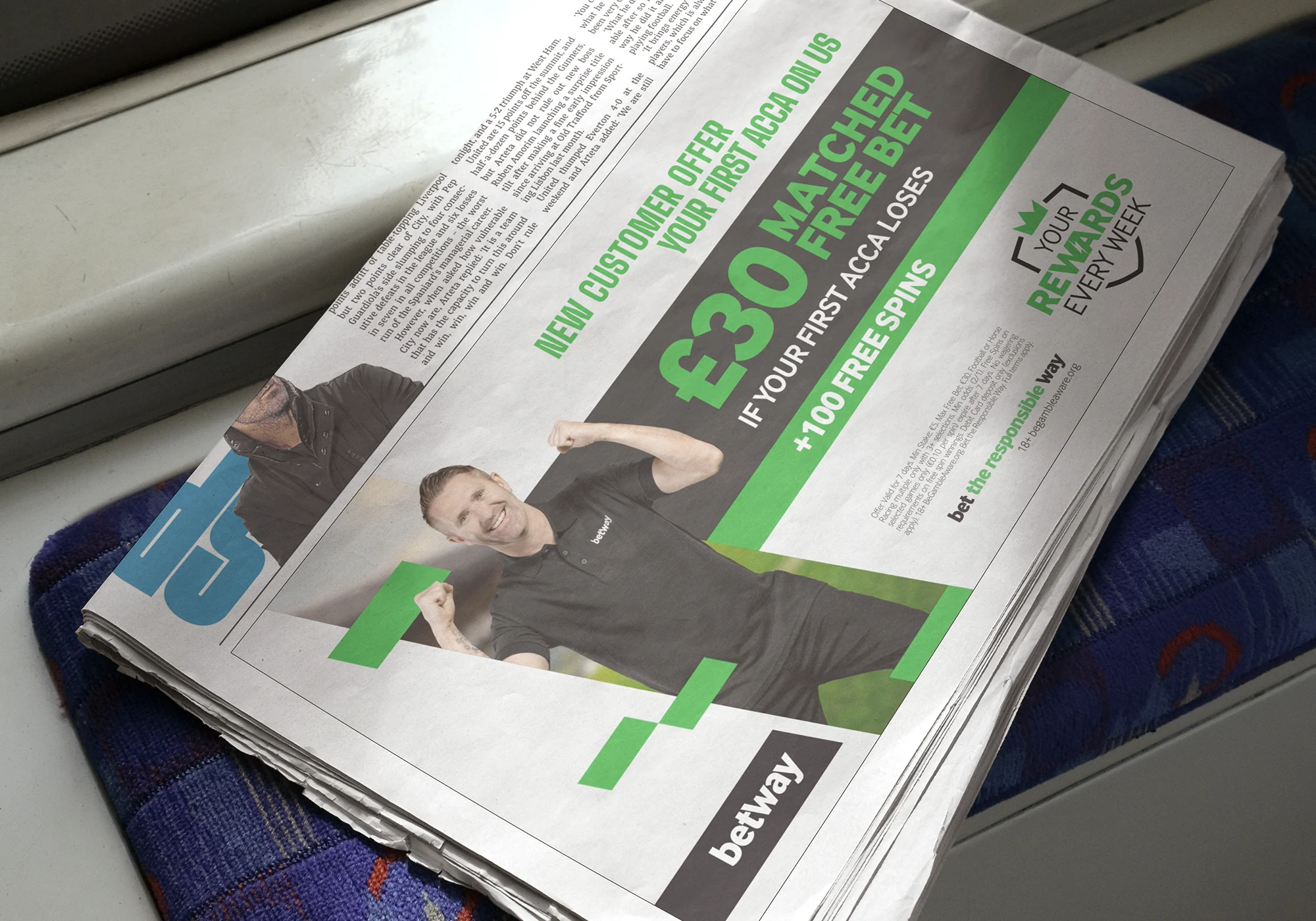 The back of a newspaper showing a You Rewards Every Week advert, from Betway.
