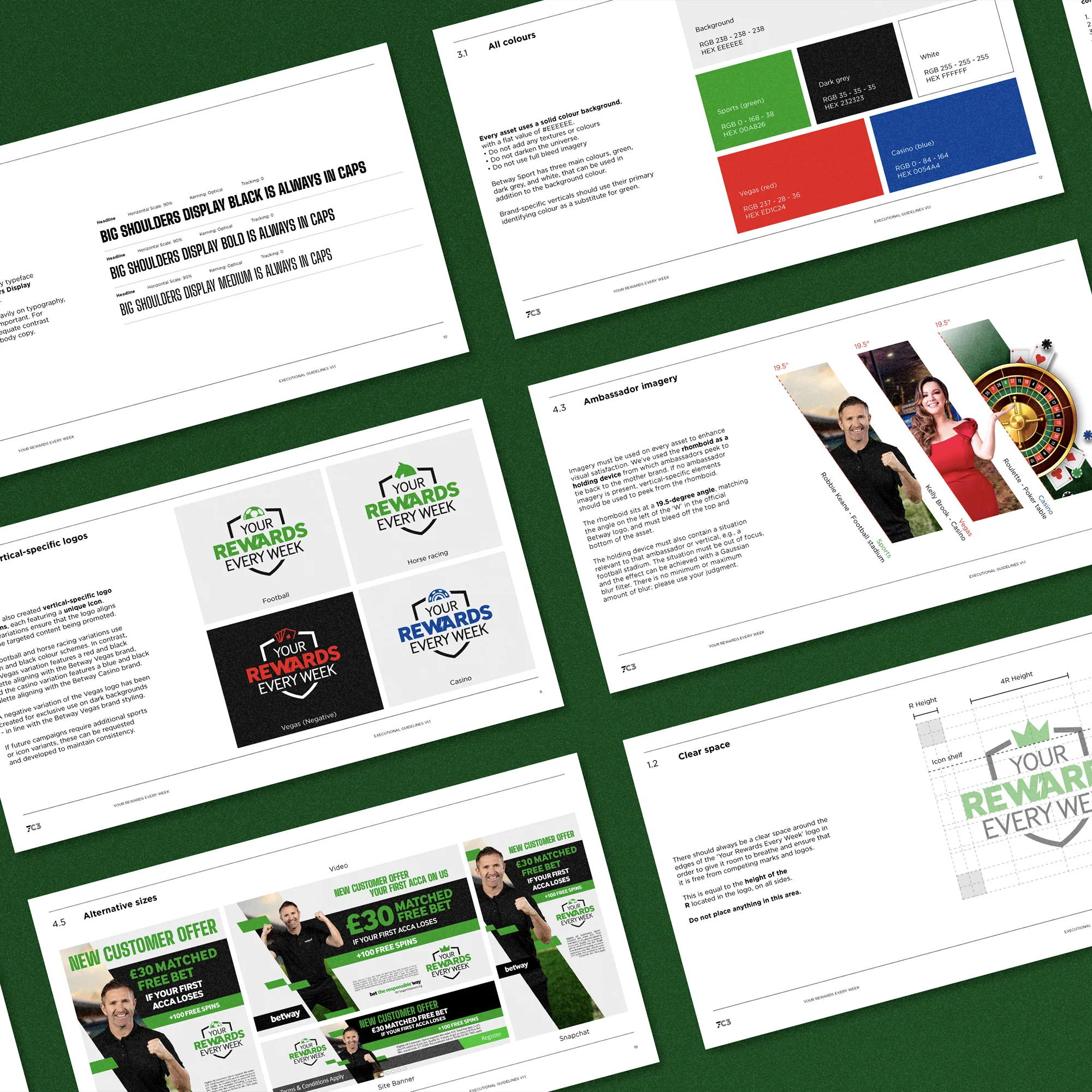 A few pages from the Your Rewards Every Week brand guidelines, covering the logos, the brand colours and the preferred typeface.