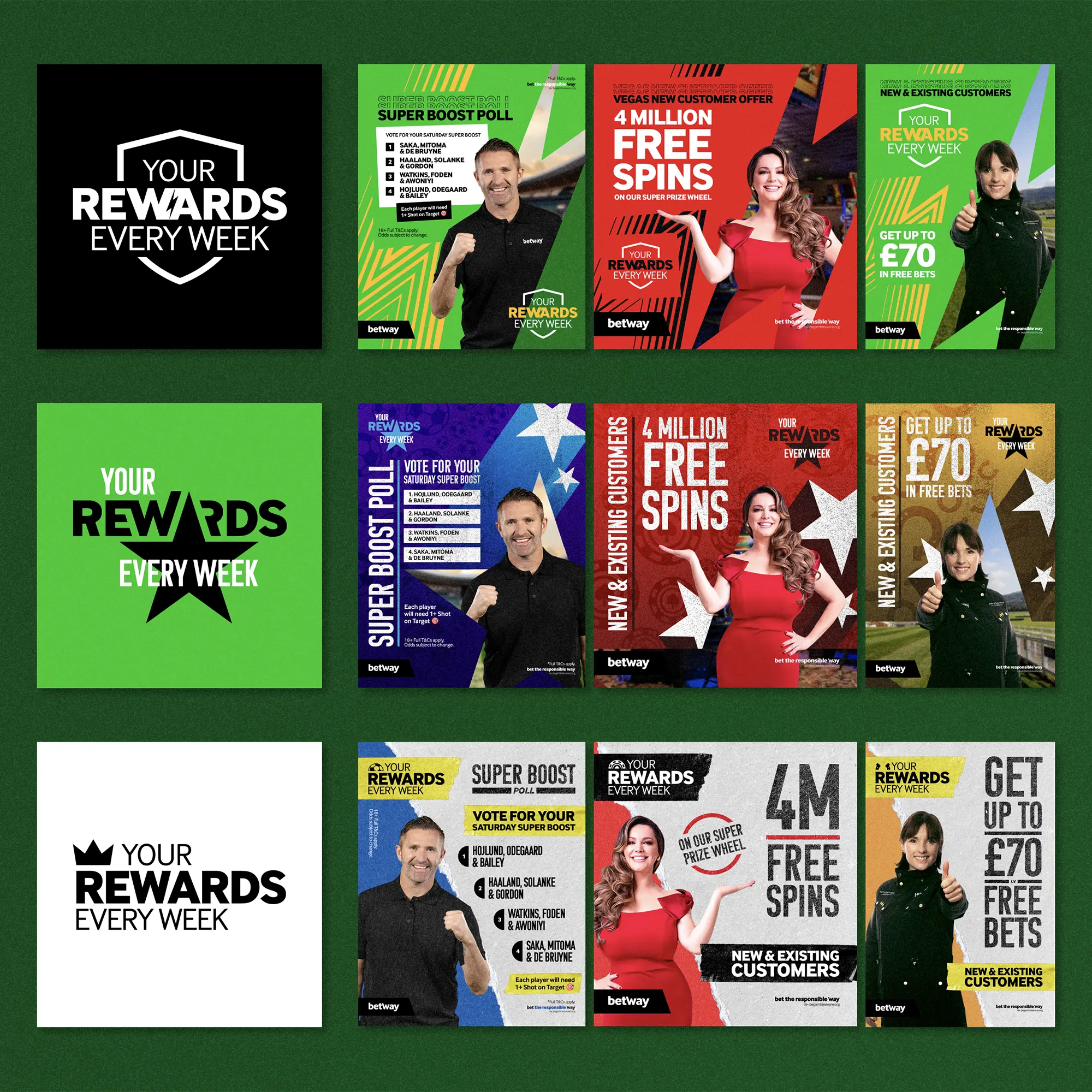 A collection of concepts exploring potential logos and visual identities for Betway's Your Rewards Every Week Campaign.