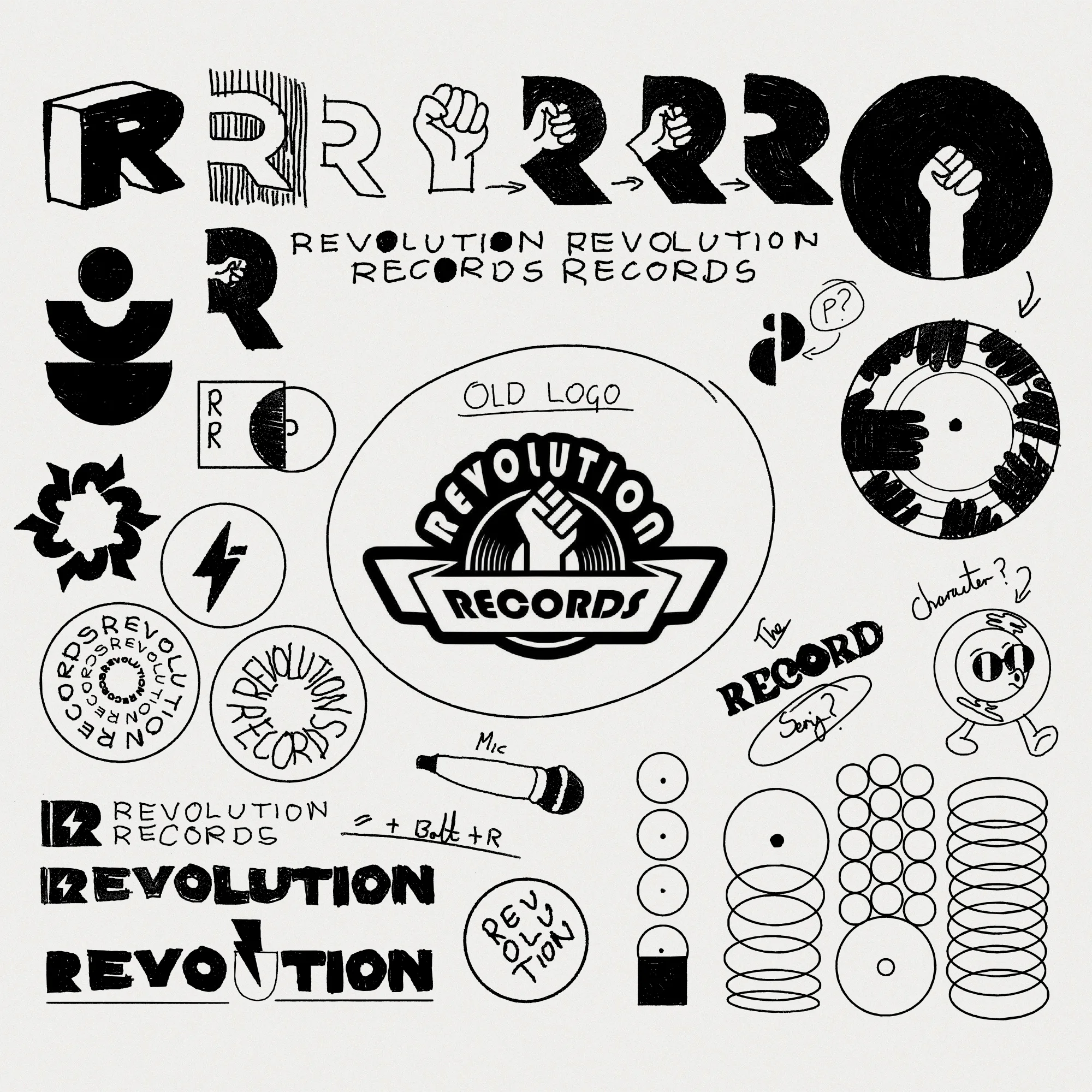 Ideation sketches of the new Revolution Records logo.