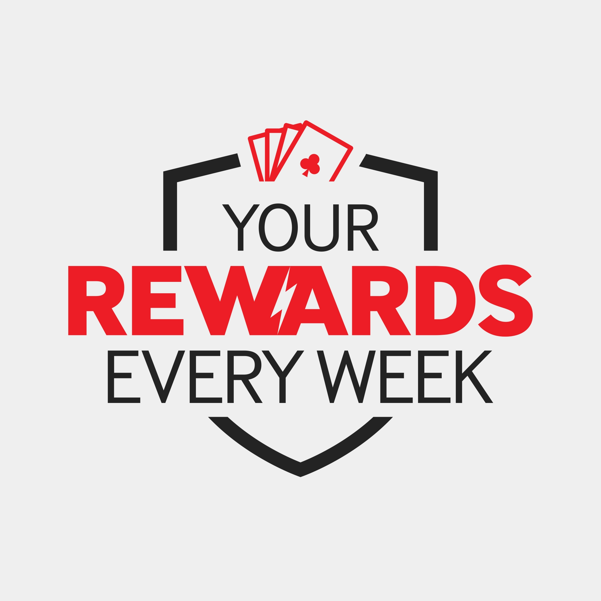 The Vegas Your Rewards Every Week logo - with a fan of cards icon, in red.