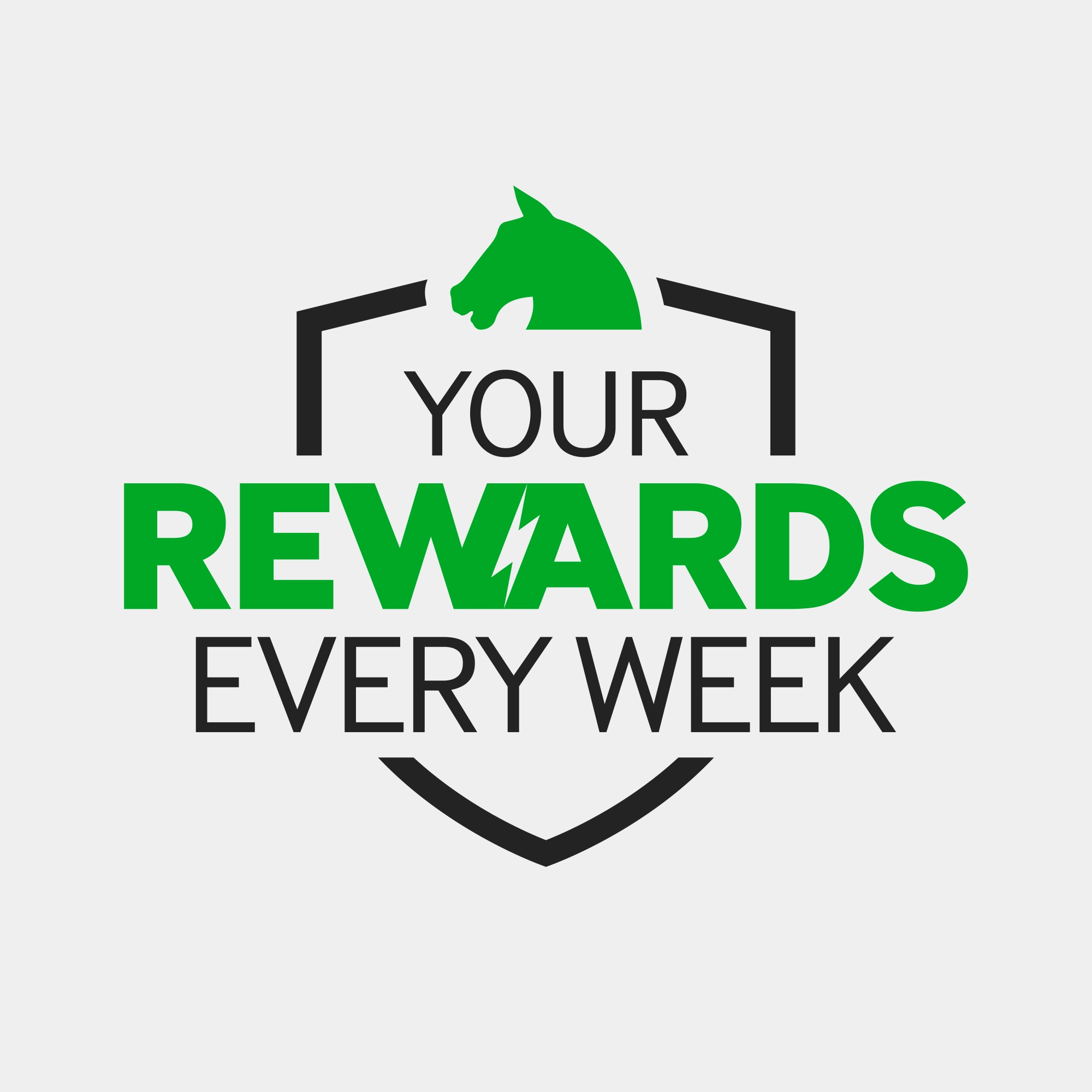 The racing Your Rewards Every Week logo - with a horse icon, in green.