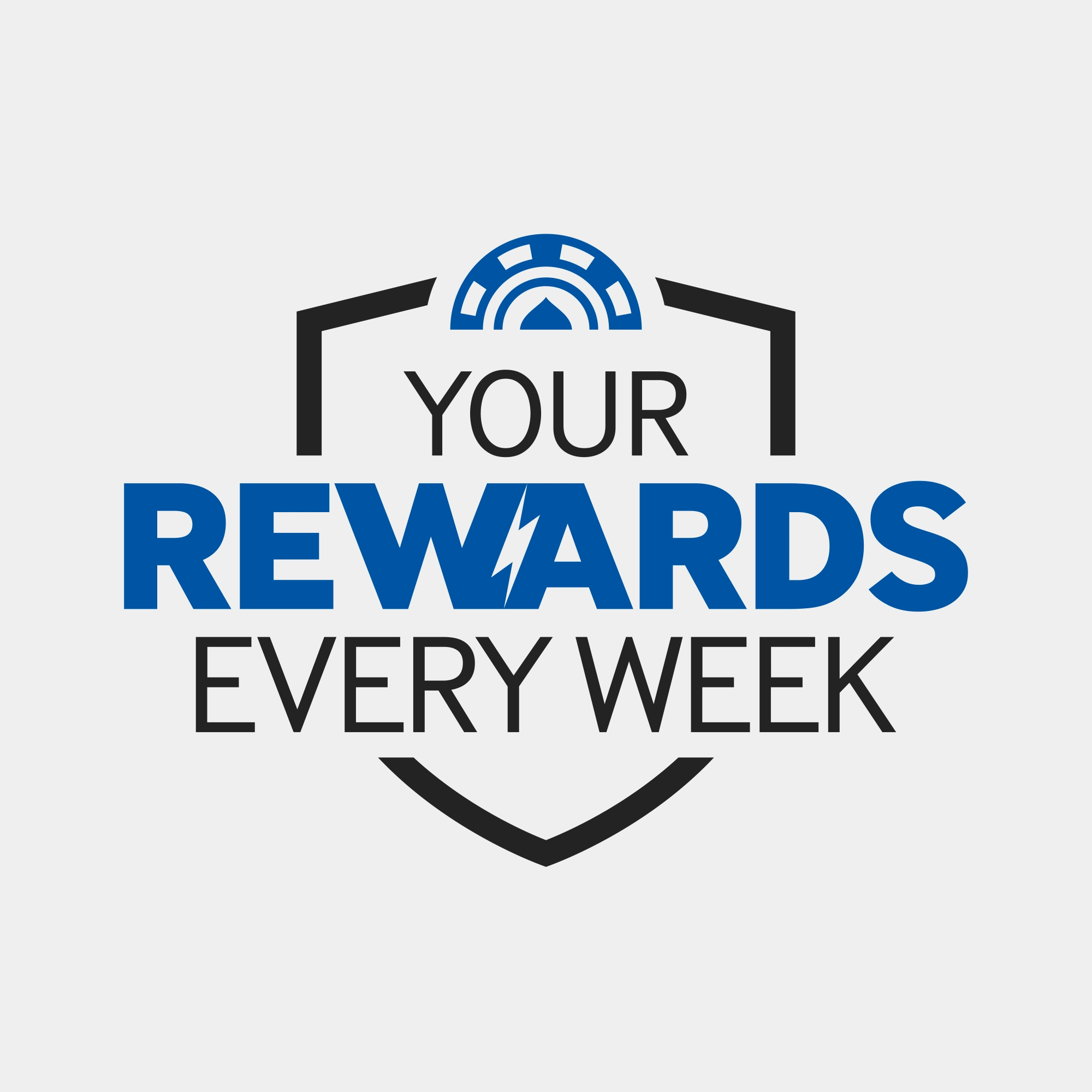 The casino Your Rewards Every Week logo - with a poker chip icon, in blue.
