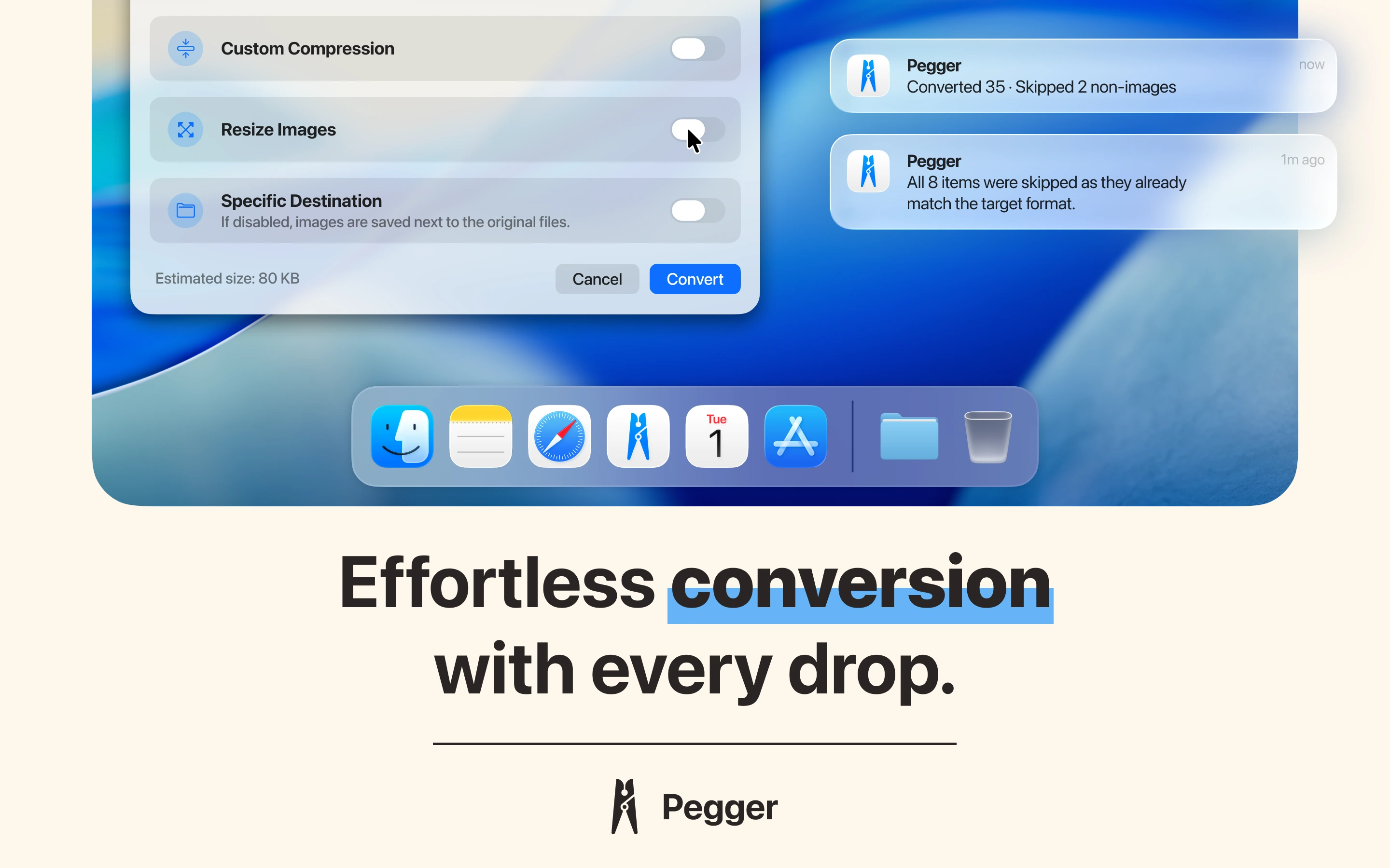 Mac screen showing Pegger app interface with options for custom compression, resize images toggle enabled, and specific destination toggle off, with notifications about conversion results and a dock with app icons below.
