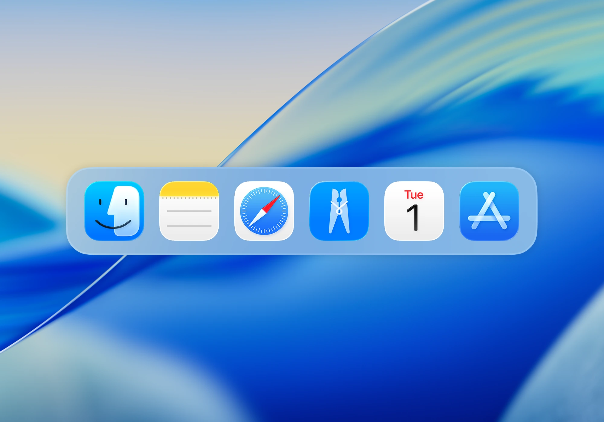 MacOS dock with Finder, Notes, Safari, Peggy, Clock, Calendar, and App Store icons on a blue blurred background.