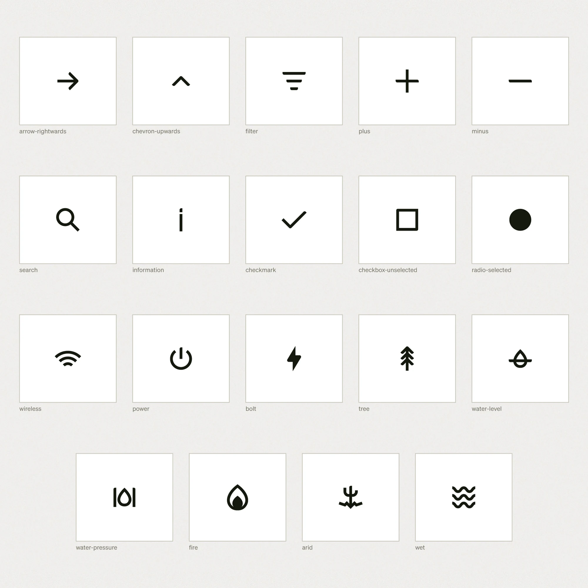 Grid of 18 black icons on white background including arrow right, chevron up, filter, plus, minus, magnifying glass, information, checkmark, empty checkbox, filled radio button, wireless, power, lightning bolt, tree, water level, water pressure, fire, arid, and wet.