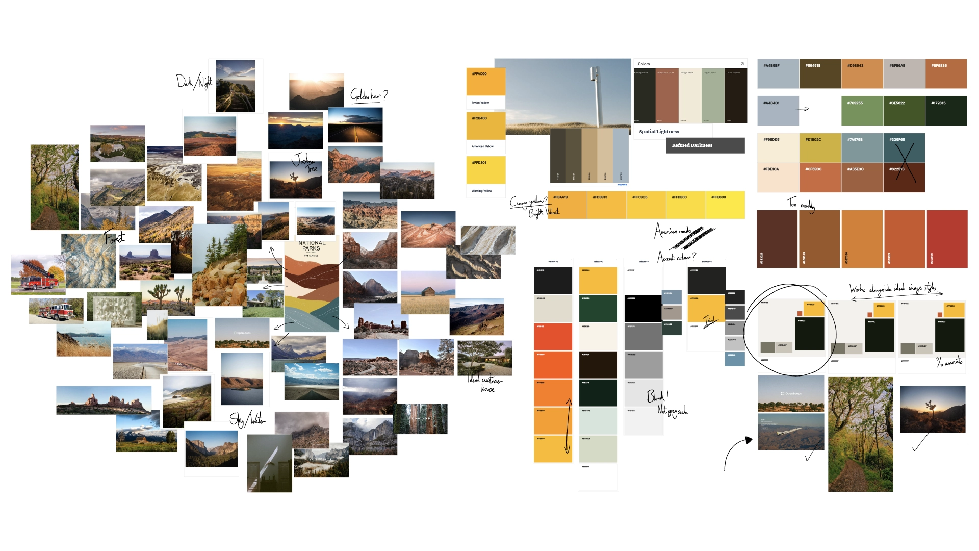 A collage of landscape photos featuring mountains, deserts, forests, and roads alongside various colour palettes and handwritten notes about colours and image styles for design inspiration.