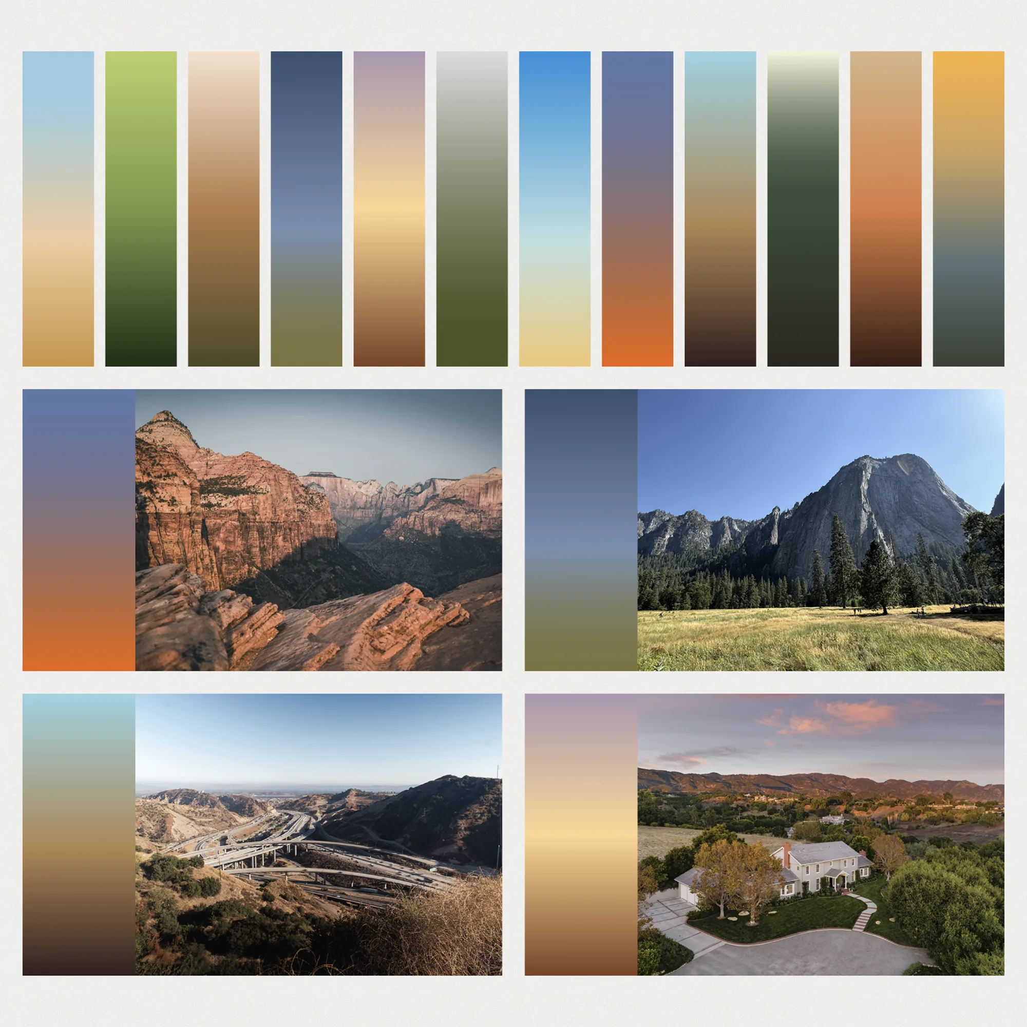 Four photographs of landscapes including red rock cliffs at sunset, a rocky mountain with pine trees, a highway interchange in a hilly area, and a large house with a circular driveway surrounded by trees at dusk, each paired with a vertical color gradient bar.