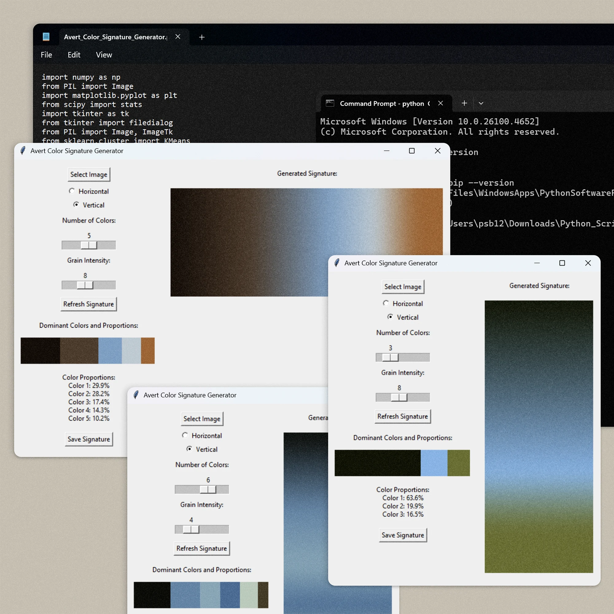 Three overlapping windows of the 'Avert Color Signature Generator' software showing vertical colour gradients with sliders for number of colours and grain intensity, dominant colours, and proportions.