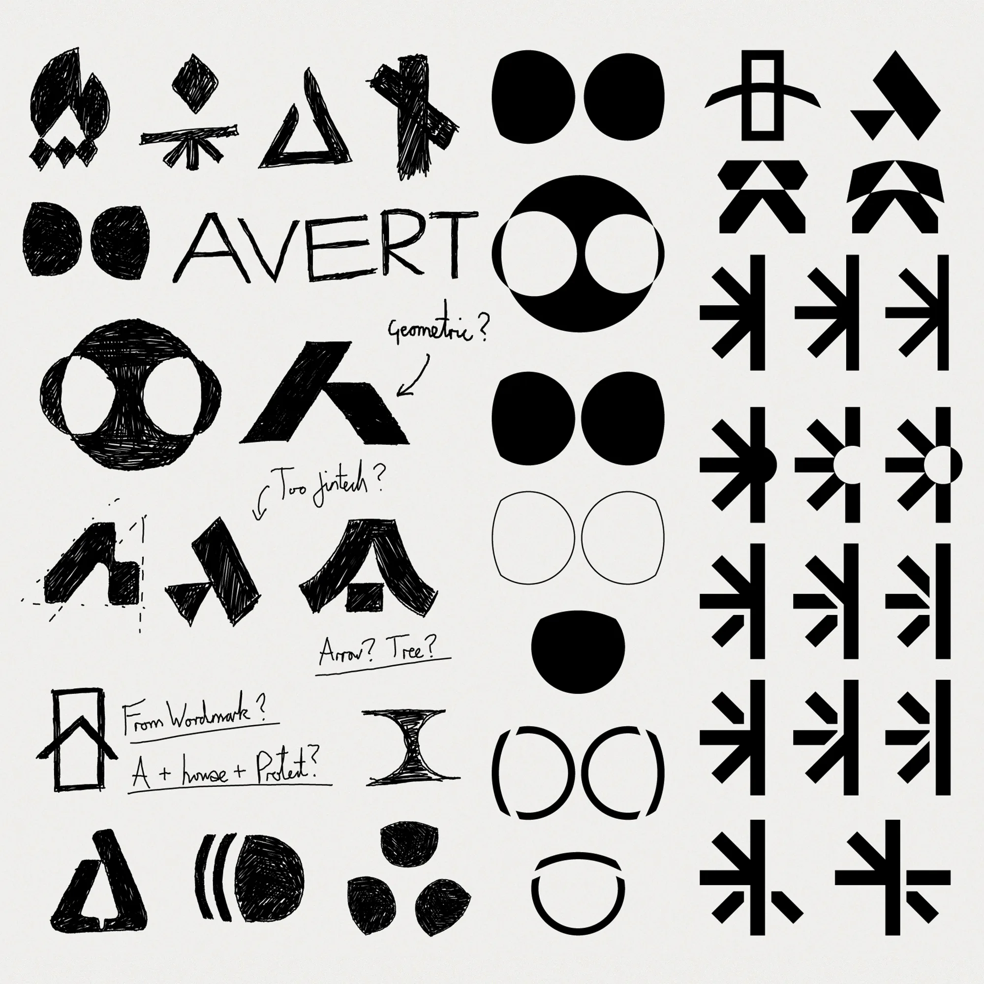 Black and white abstract logo sketches with geometric shapes, arrows, and handwritten notes exploring design concepts.