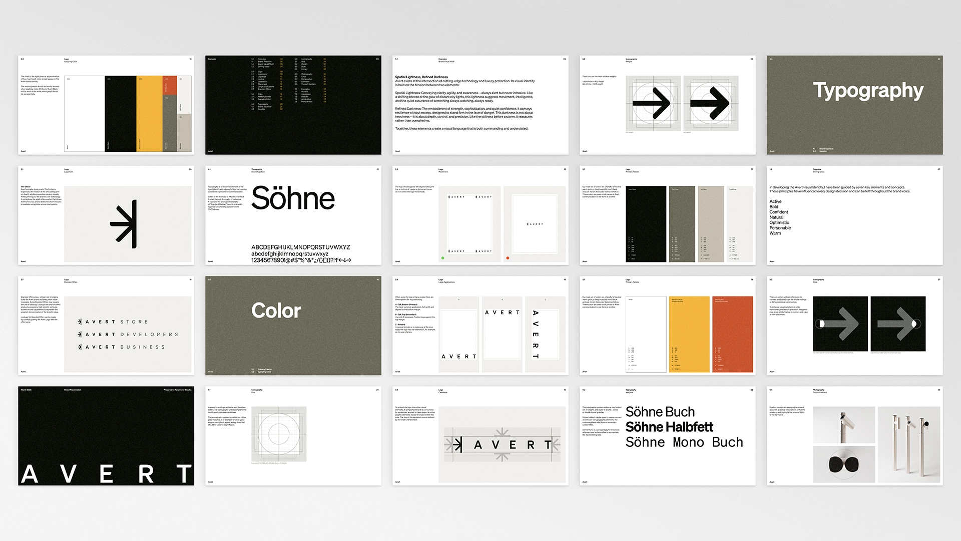 Grid layout of presentation slides showcasing brand identity elements such as logo design, typography, color palette, signage, and product photos.
