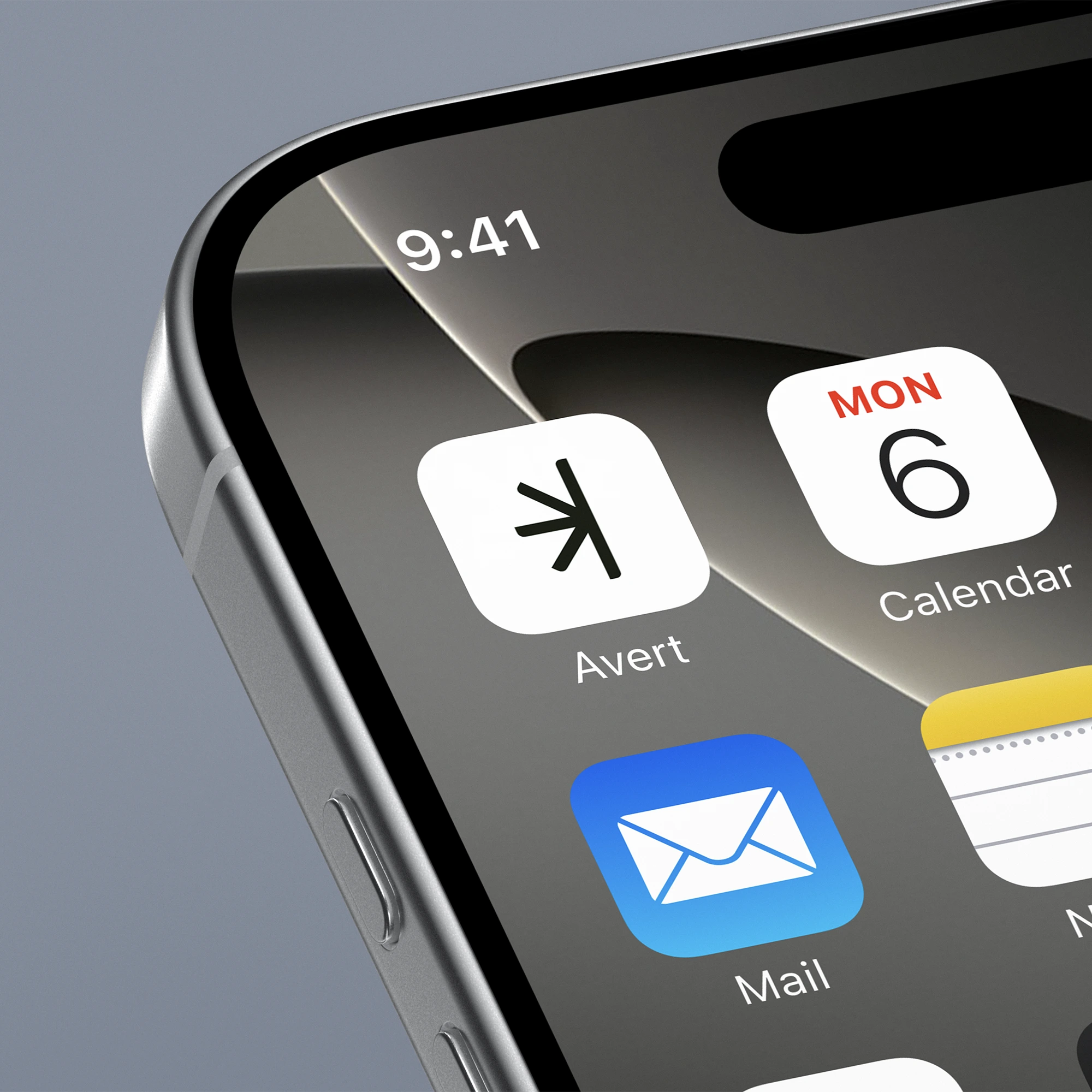 Close-up of a smartphone corner showing app icons for Avert, Calendar with date Monday 6, Mail, and Notes, and the time 9:41.