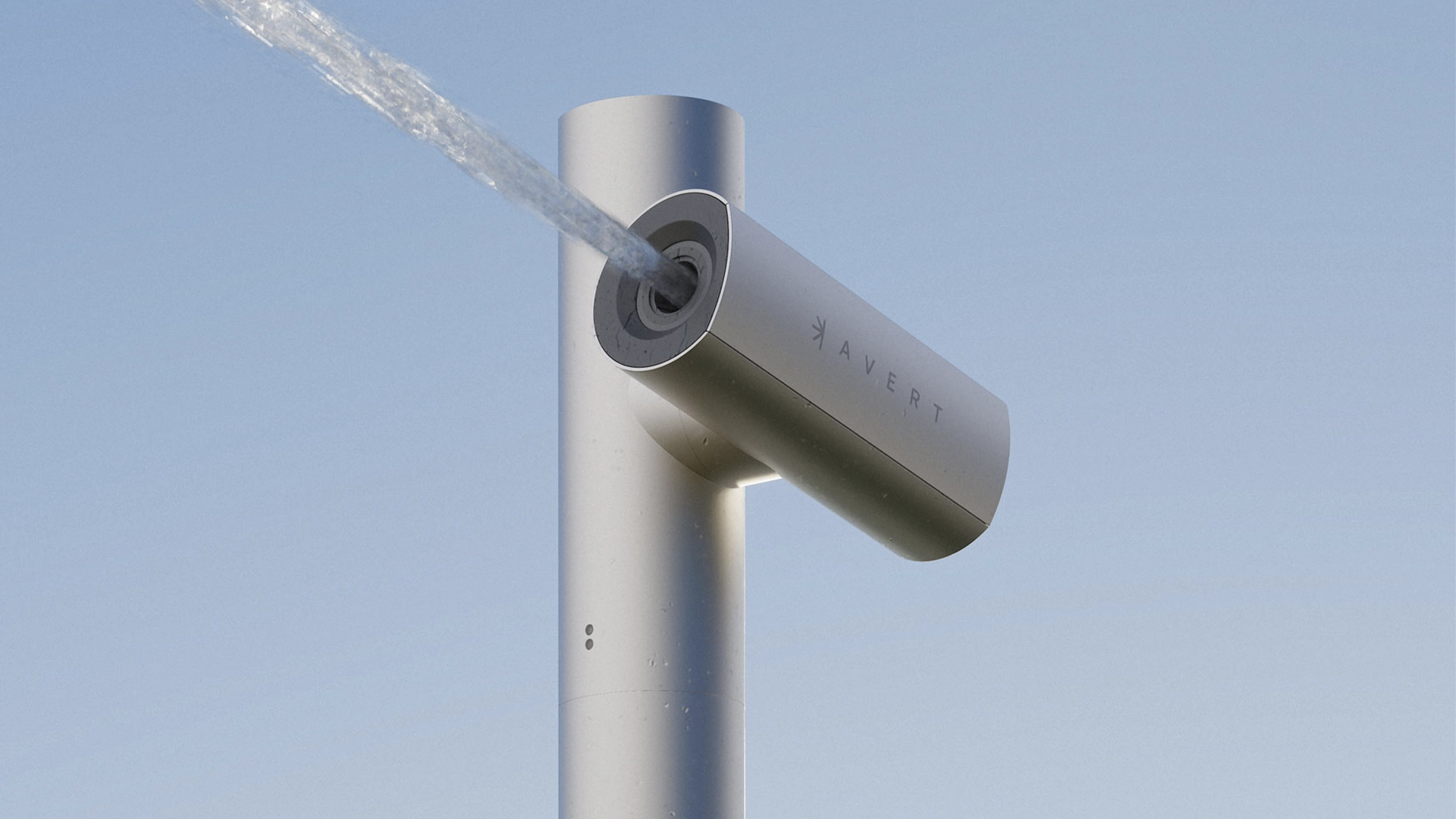 Avert Sentry device with water spraying out against a clear blue sky.