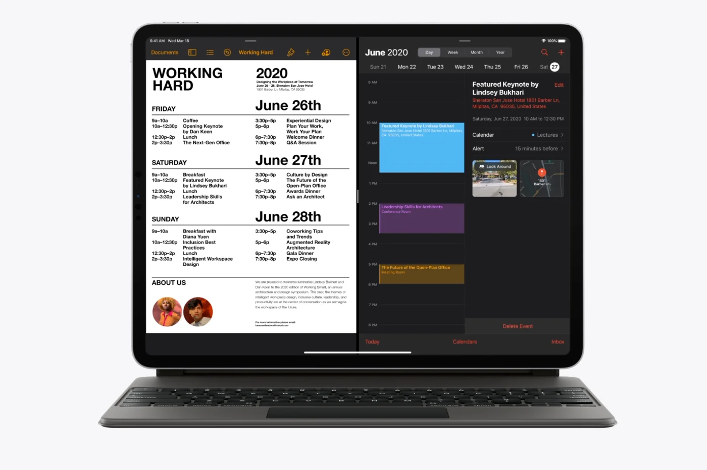 iPad Pro fixé sur son clavier Magic Keyboard, écran affichant un agenda