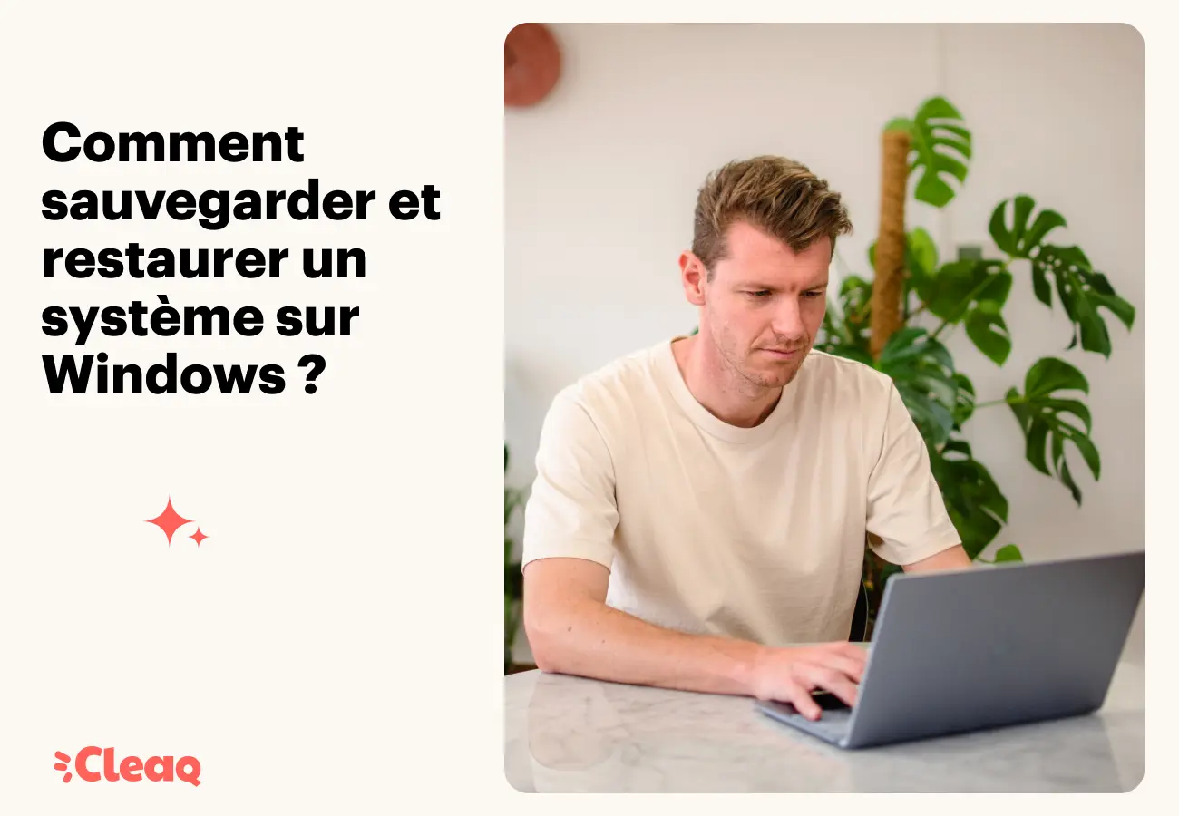 Homme travaillant sur un ordinateur portable pour sauvegarder son système Windows