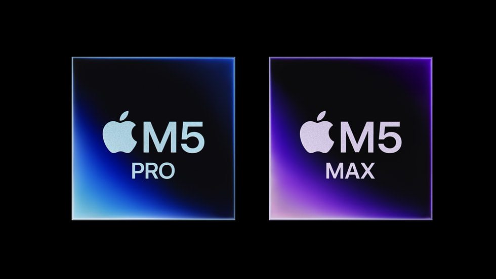 Puces Apple M5 Pro et M5 Max sur fond noir