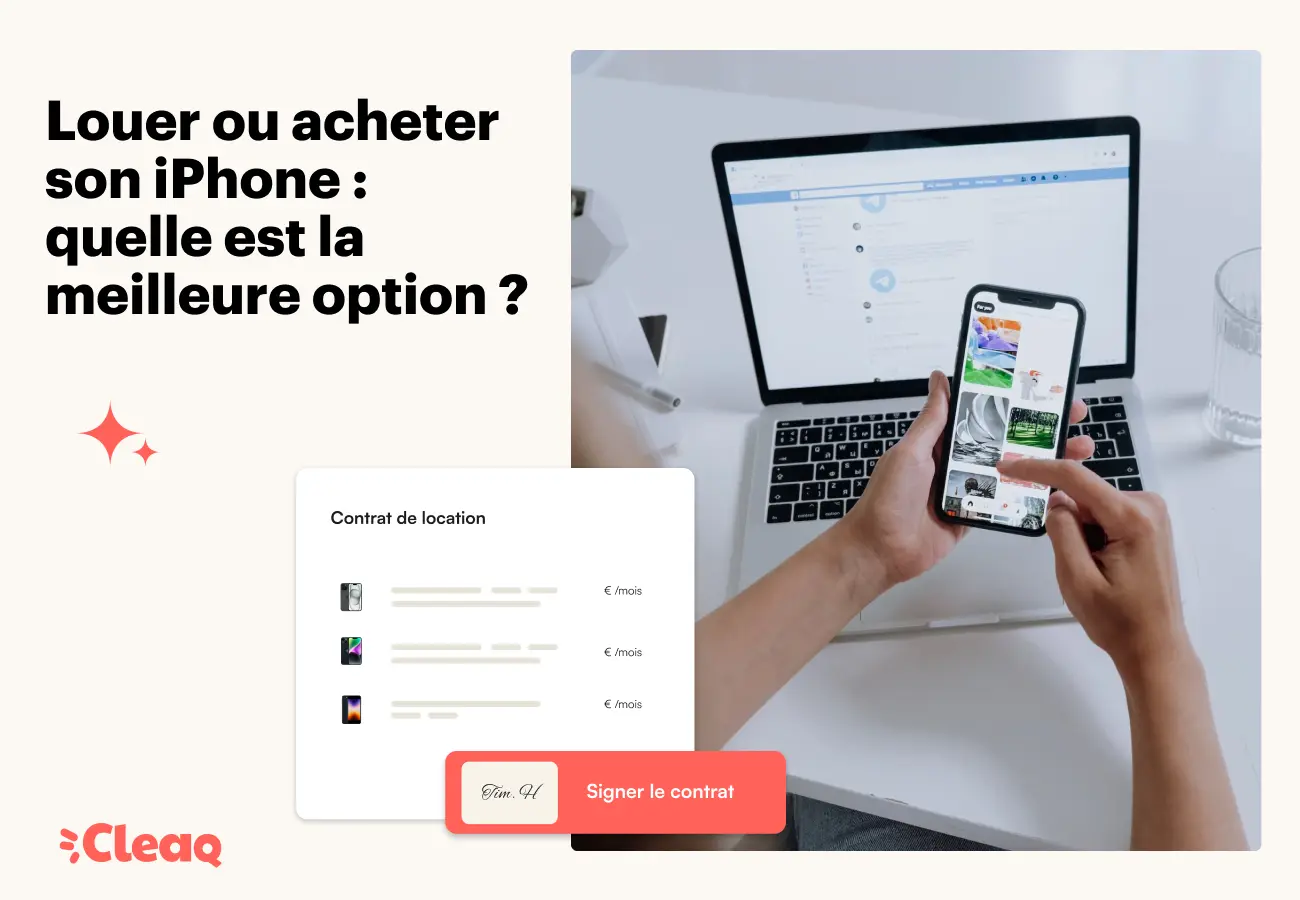 Mains tenant un iPhone devant un ordinateur portable