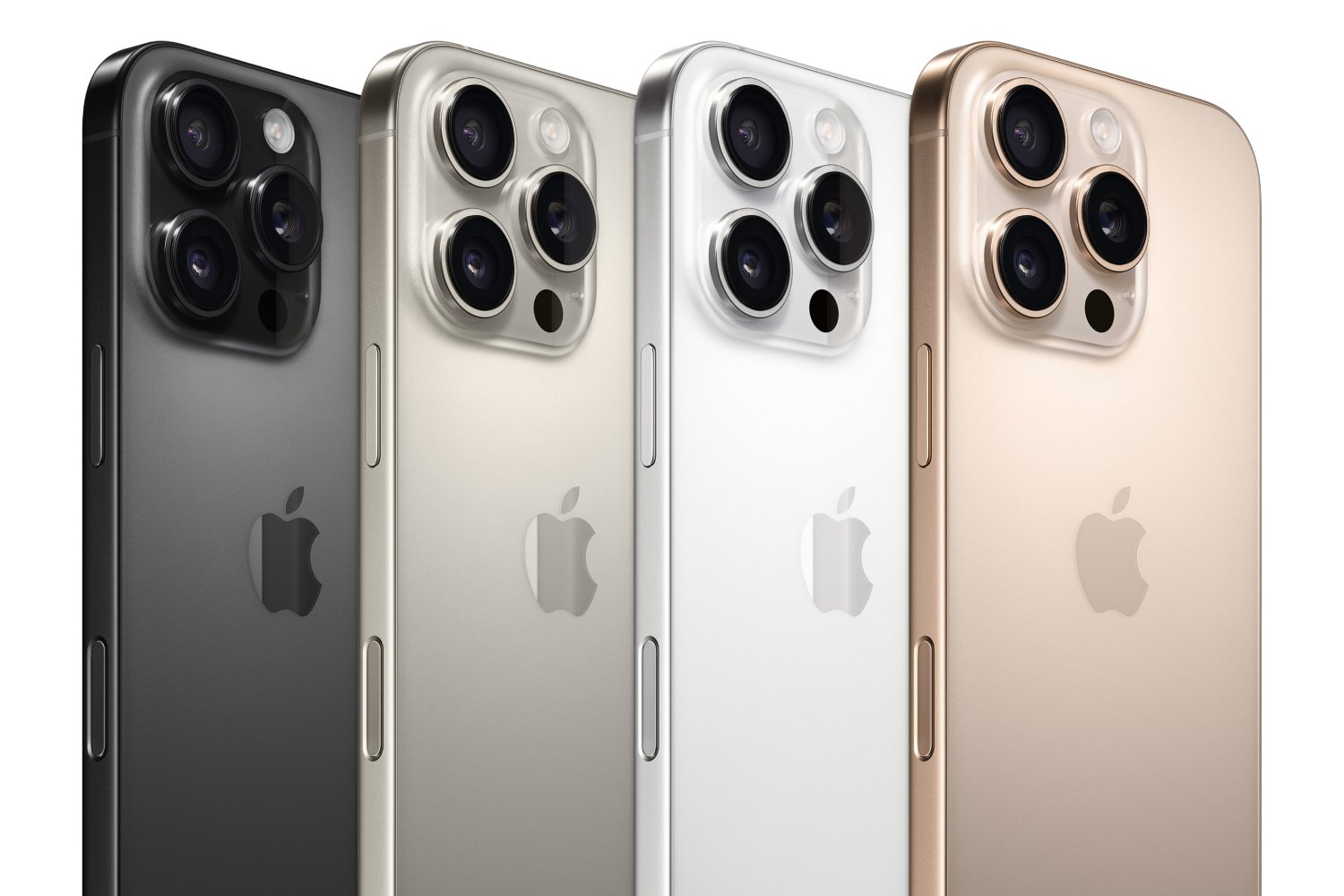 Quatre iPhone Pro de différents coloris vus de dos