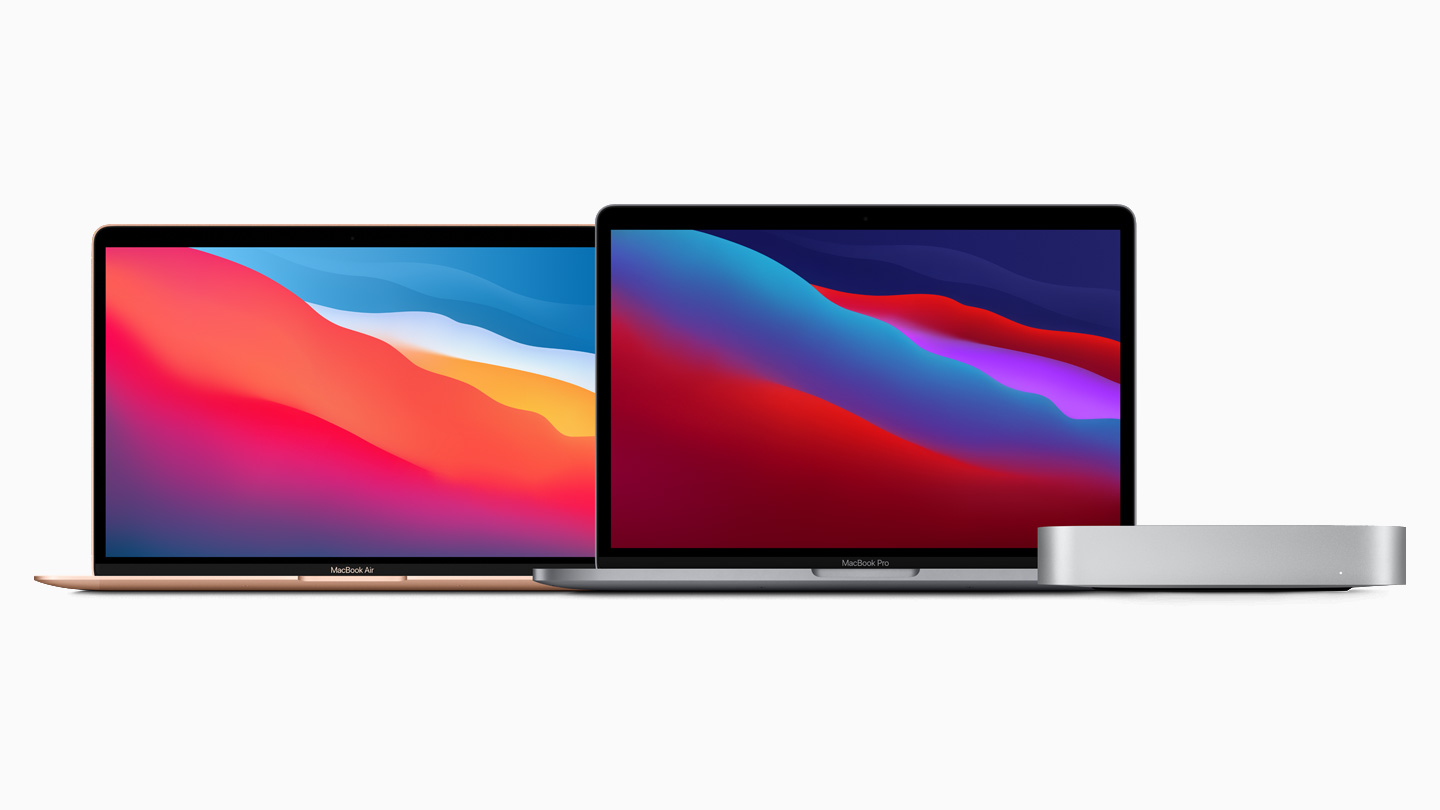 MacBook Air, MacBook Pro et Mac mini alignés sur fond blanc