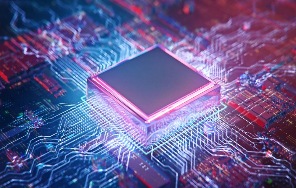 Illustration d'un processeur sur une carte électronique lumineuse