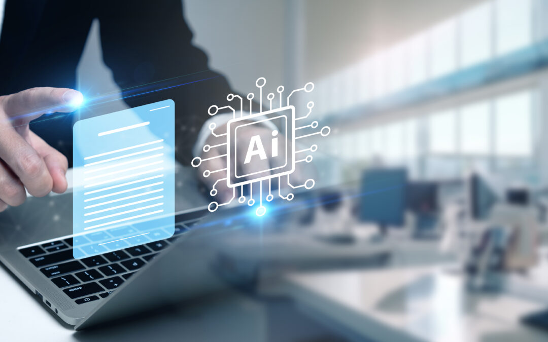 Mains sur un ordinateur portable avec une icône d'intelligence artificielle en surimpression