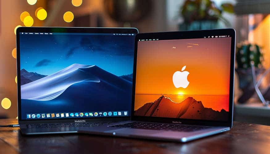 Deux MacBook ouverts affichant des fonds d'écran macOS