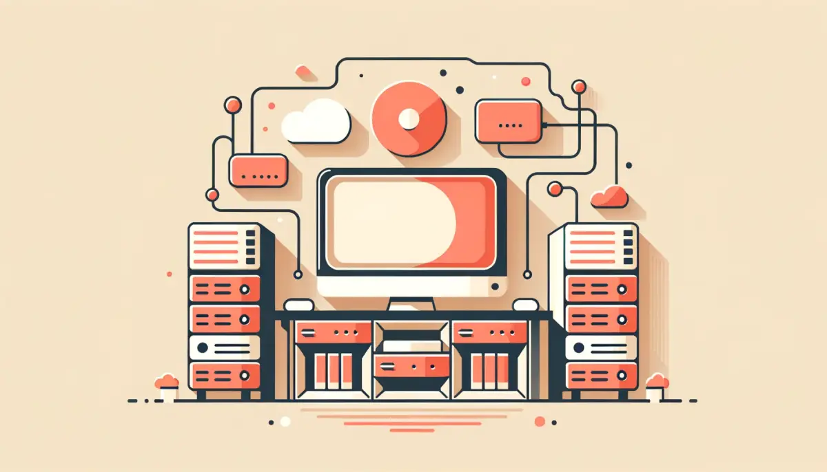 Illustration d'un parc informatique avec serveurs, écran et pictogrammes de budget