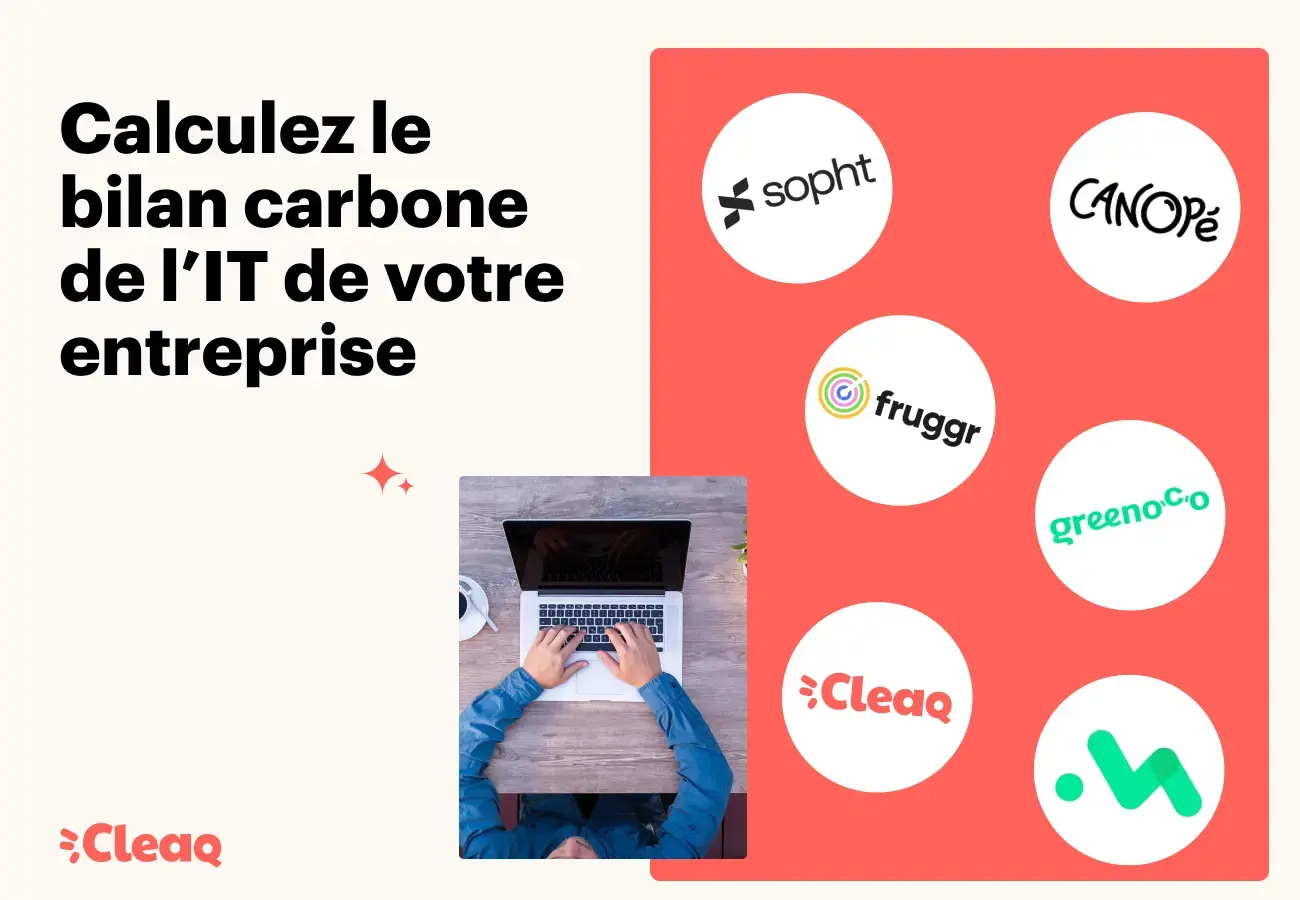 Logos d'outils de calcul du bilan carbone autour d'une personne sur ordinateur portable