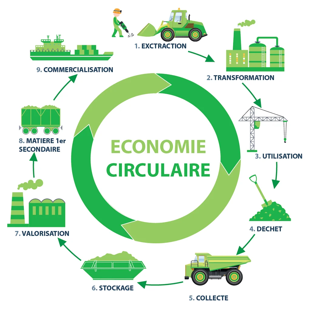Schéma du cycle de l'économie circulaire, de l'extraction à la valorisation