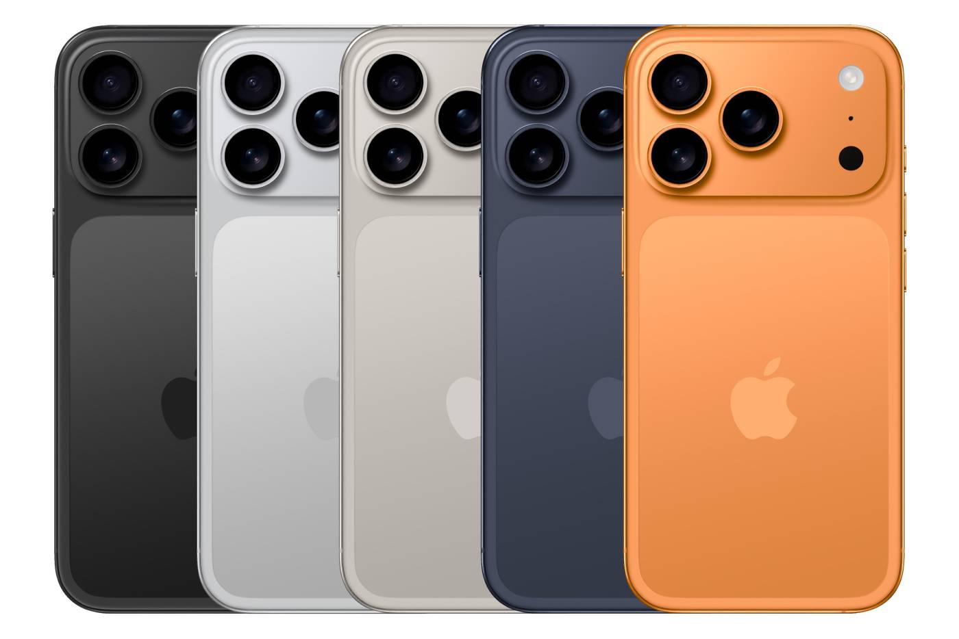 iPhone Pro de différents coloris alignés, vus de dos