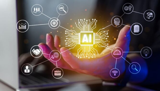 Main tenant une puce d'intelligence artificielle entourée d'icônes numériques