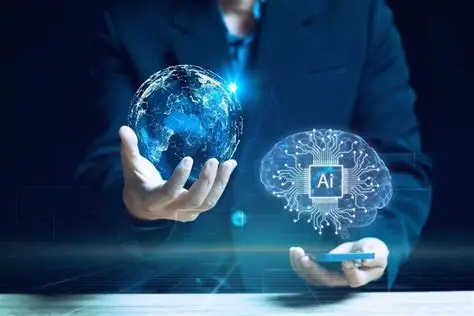 Mains présentant un globe numérique et une puce d'intelligence artificielle