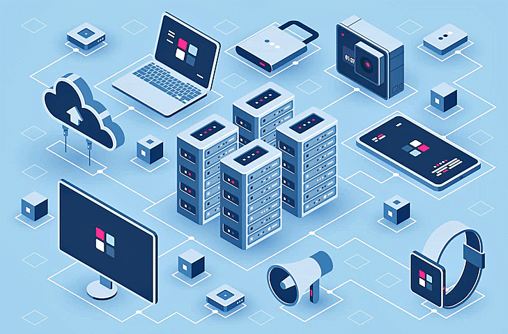 Illustration d'appareils informatiques et de serveurs reliés au cloud