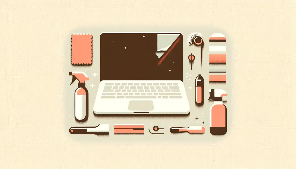 Illustration d'un ordinateur portable entouré d'outils de nettoyage
