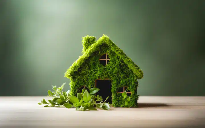 Maison recouverte de mousse verte symbolisant un équipement durable
