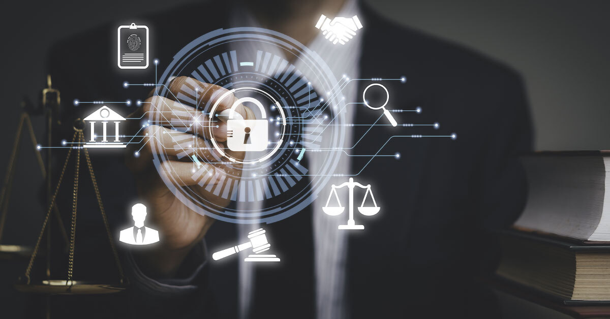 Main touchant un cadenas virtuel entouré d'icônes de conformité réglementaire
