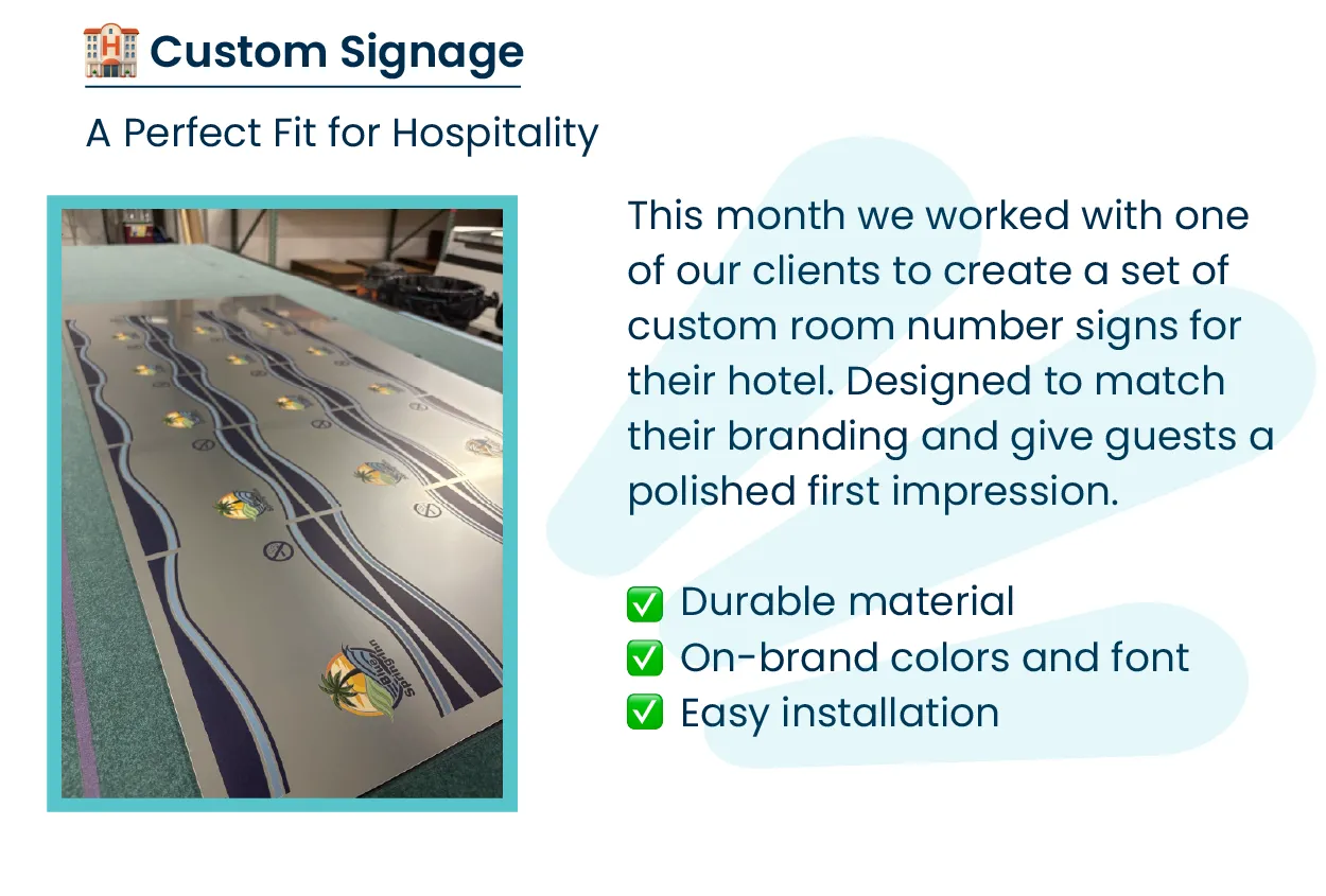 🏨 Custom Signs: A Perfect Fit for Hospitality This month we worked with one of our clients to create a set of custom room number signs for their hotel! designed to match their branding, withstand the elements, and give guests a polished first impression. ✅ Durable material ✅ On-brand colors and font ✅ Easy installation  👉 Let’s create a sign that fits your brand perfectly!
