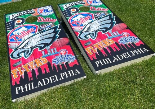 Cornhole boards with rustic American Flag decoration