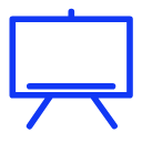 Icon: eine Präsentationsleinwand oder ein Whiteboard auf einem Ständer, symbolisiert Bildung oder Schulung.