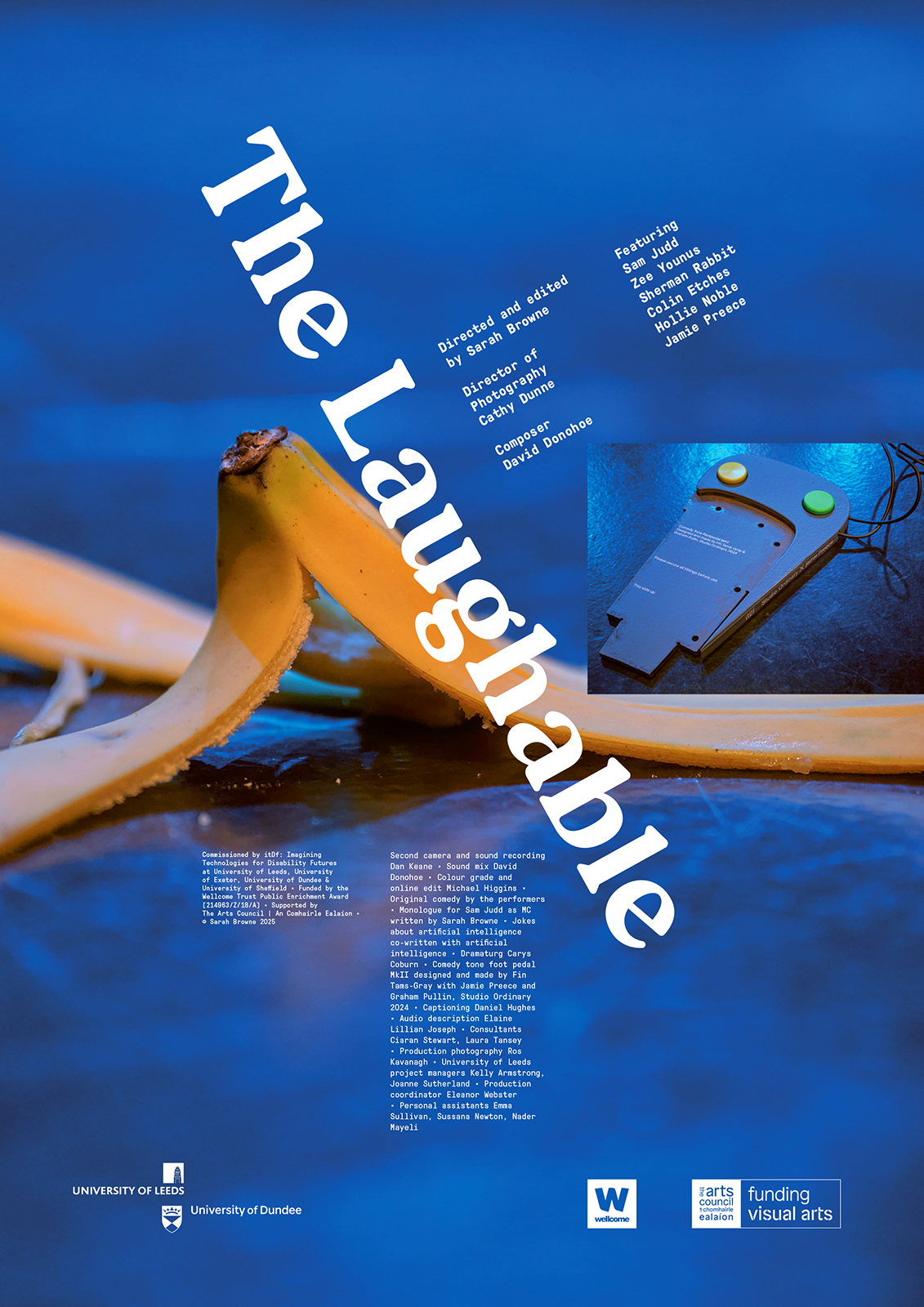 poster featuring an image of a squashed banana skin against a blue-lit background stage