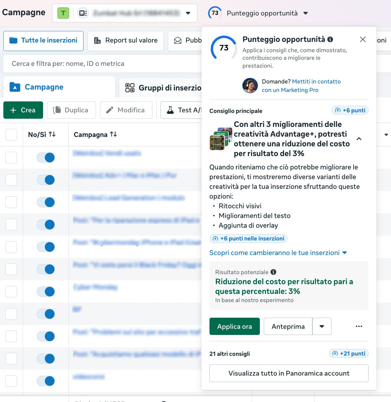 Punteggio di opportunità campagne Meta Ads