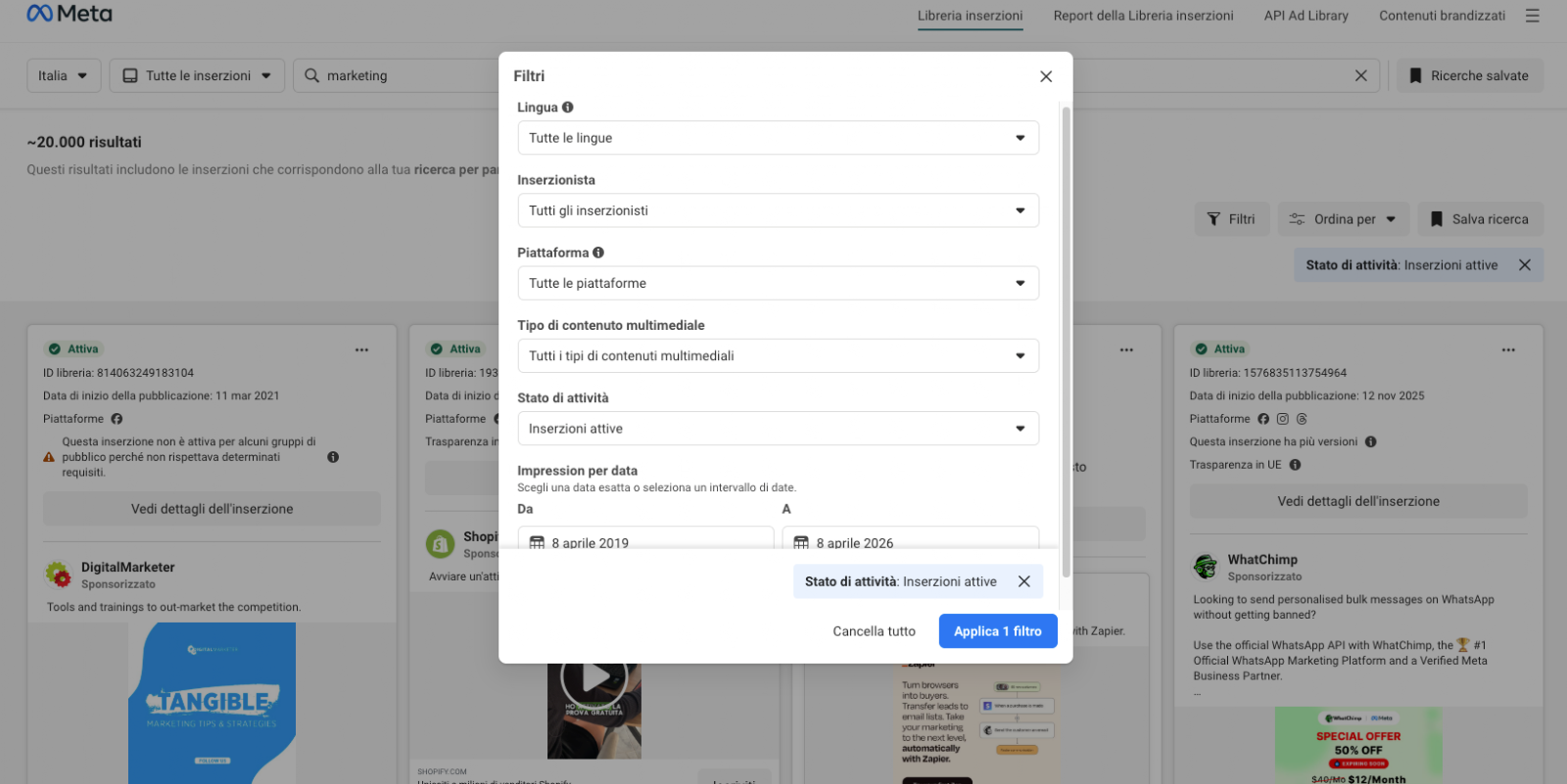 Filtri Libreria Inserzioni Meta