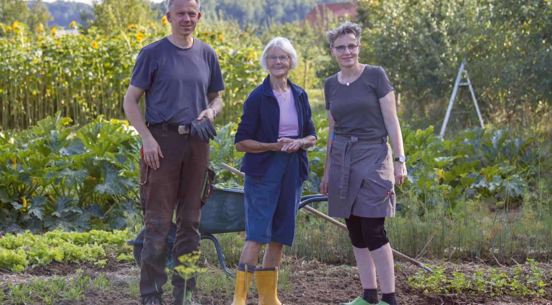 Three gardeners standing in a vegetable garden with plants and a wheelbarrow behind them.
