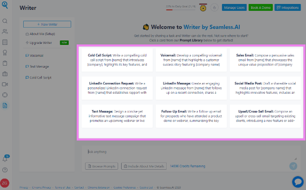 Writer platform with Prompt Library cards highlighted.