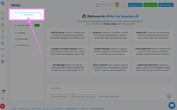 Writer platform with "New Writer" button highlighted.